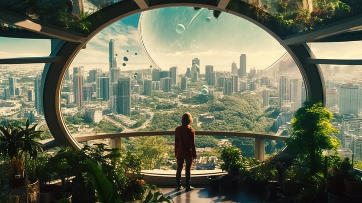 person with back to camera overlooking a growing futuristic and beautiful planet from a spaceship like window with plants growing everywhere,