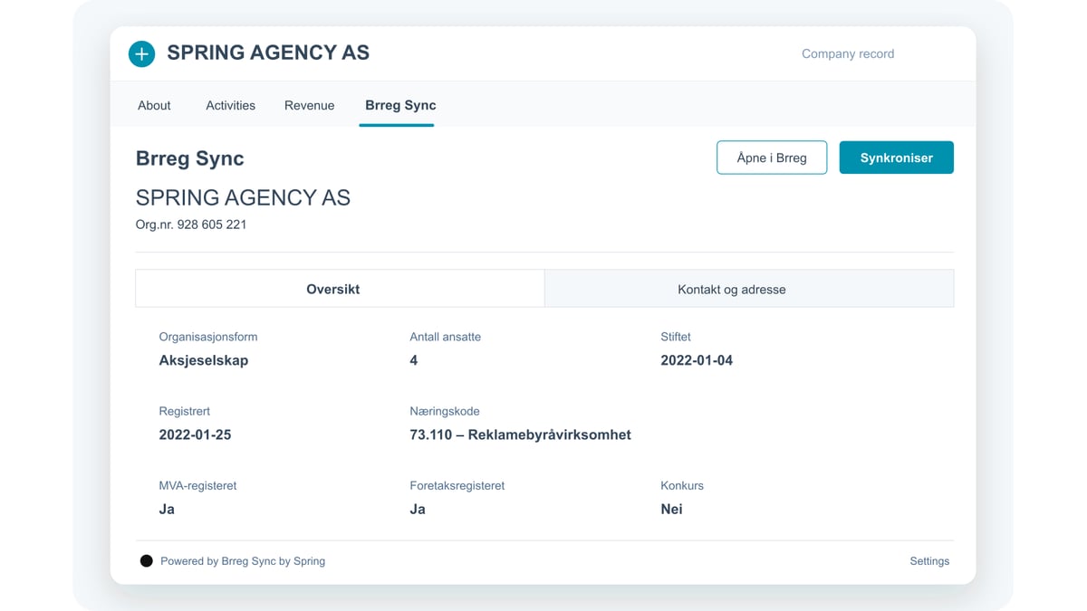 Brreg Sync-fanen på et selskapskort i HubSpot