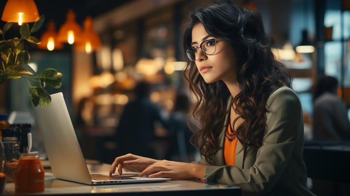 Asian female copywriter in front of laptop