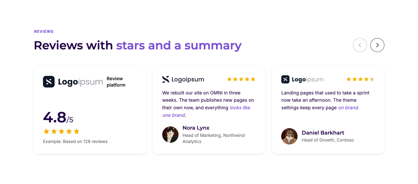 Review cards with stars, quote, portrait and company
