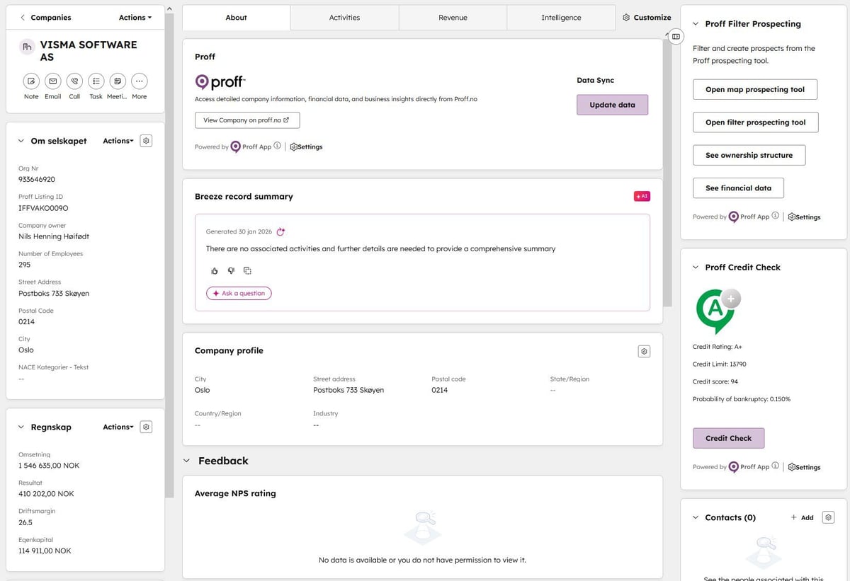 Selskapskort i HubSpot med data fra Proff